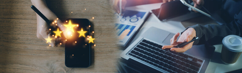 Customer Experience Concept, Best Excellent Services Rating for Satisfaction present by Hand of Client Showing excellent rating Five Star.