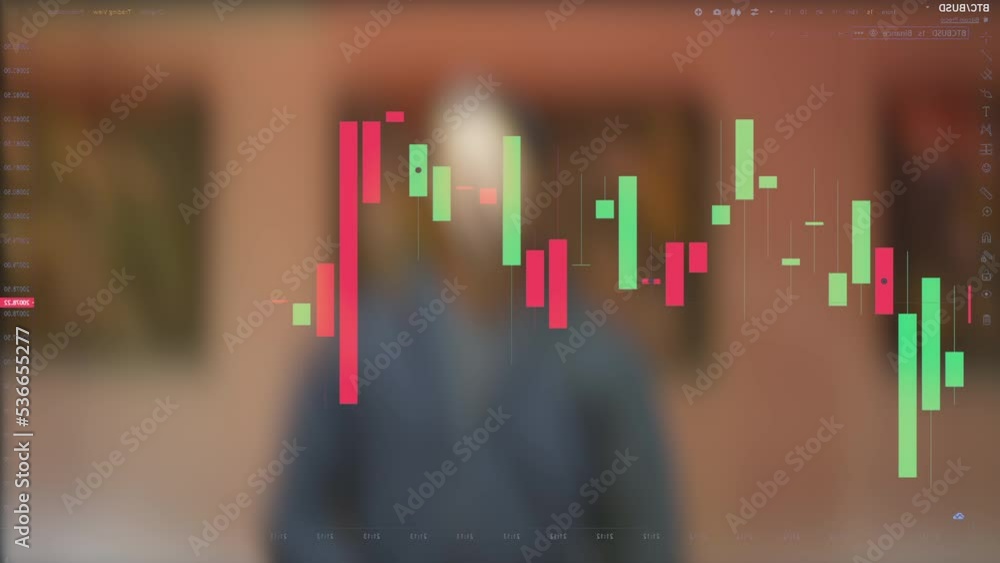 Poster silhouette of a man analysing the charts. trading. criptocurrencies. screen point of view