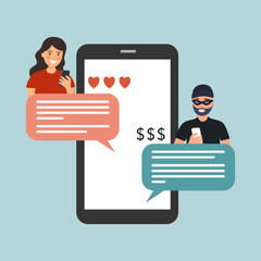 Online dating scam on smartphone mobile app in flat design. Phone phishing.  - obrazy, fototapety, plakaty