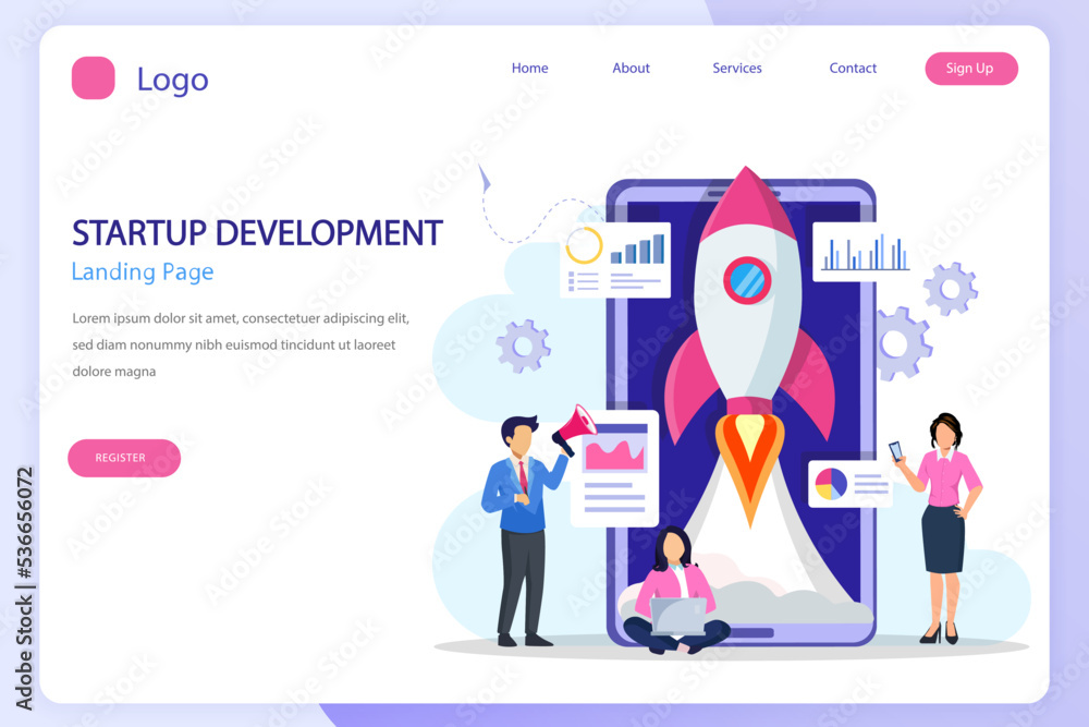 Poster startup launch concept. development process, innovation product, creative idea landing page website 