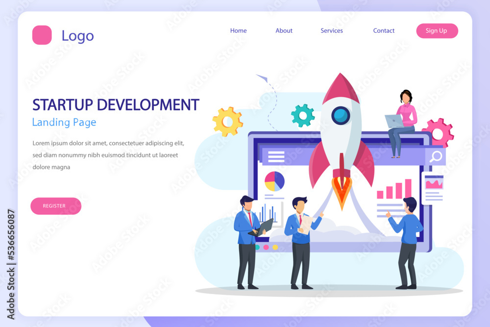 Poster startup launch concept. development process, innovation product, creative idea landing page website 