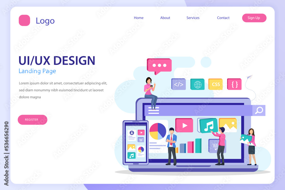 Poster ui ux design concept, ui ux landing page website flat vector template