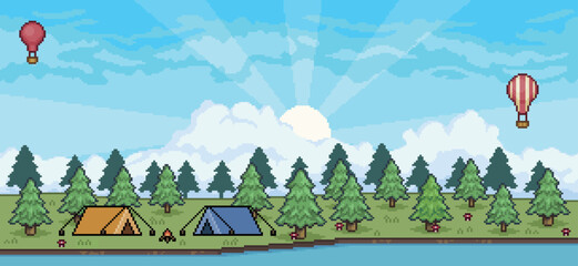 Pixel art camping landscape in forest and river with tents and campfire 8 bit game background