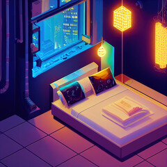 Cute isometric mini cyberpunk Creative Bedroom. Illustration For Web, Book, Novel, Game.