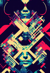 Retro punk concert poster, trippy, cyber brutalist shapes. Abstract Art Illustration Background. For Web, Book, Novel, Advertise, Game