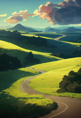 Rolling hills,  highway, midday raking light Landscape. Fantasy Comic Style. Illustration for Web, Book, Novel, Advertise, Game.