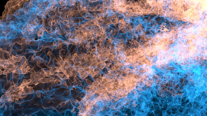 3D rendering of the coalescence of blue and orange fire on black background