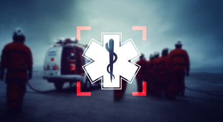 Ambulance and rescue workers. Star of life sign.