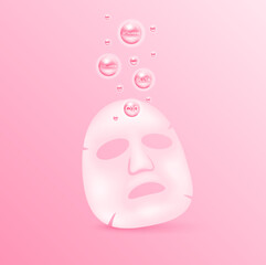 Sheet mask skincare beauty. Treatment with vitamins collagen gluta. Cosmetic beauty product design. Realistic on pink background. Vector EPS10.