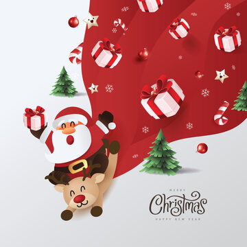 Santa Claus riding reindeer with a huge bag on the run to delivery christmas gifts at snow fall. Merry Christmas text Calligraphic Lettering Vector illustration.