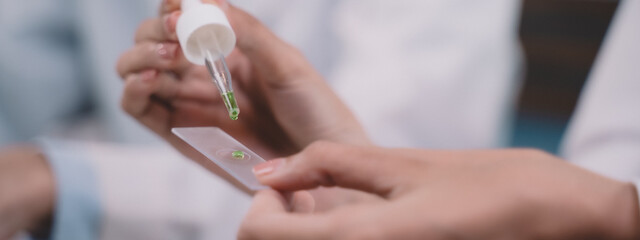 Two researcher are drop and looking at liquid to plate in their hands at laboratory.
