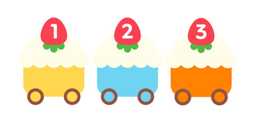 Cute and colorful strawberry cream cake shaped car, train design illustration. Strawberries have numbers.