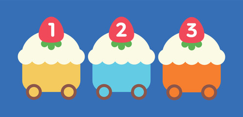 Cute and colorful strawberry cream cake shaped car, train design illustration. Strawberries have numbers.