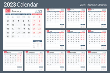 2023 Calendar template, planner, 12 pages, week starts on Monday