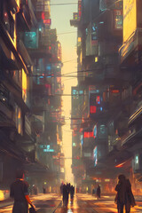 Naklejka premium Cyberpunk streets illustration, futuristic city, dystoptic artwork at night, 4k wallpaper. Rain foggy, moody future