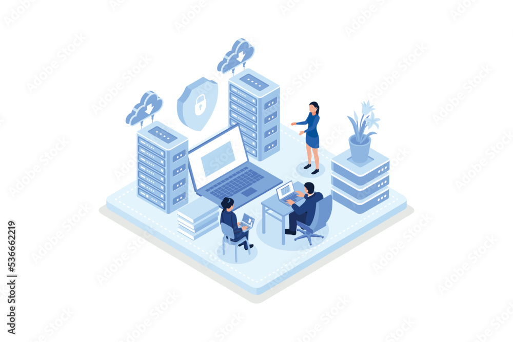 Poster character connecting to data center and using cyber security services to protect personal data. secu
