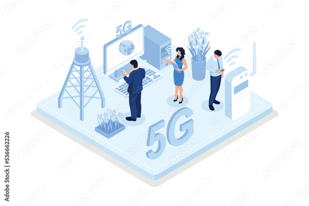 Poster people character connecting devices with new generation 5g technology network. high-speed mobile int