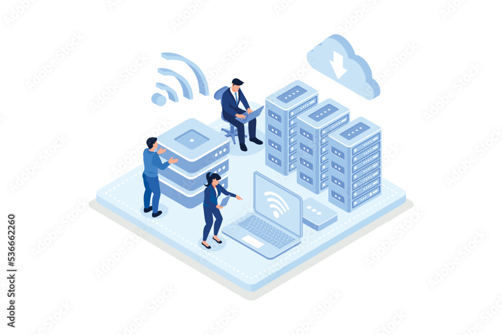 Poster character monitoring big data storage connected with cloud computing service. server farm room. onli