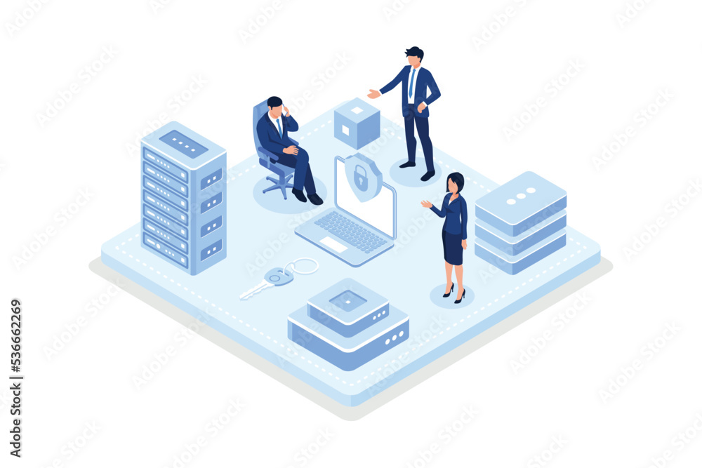Poster laptop with security connection to data center and to external hard drive. cyber security service fo