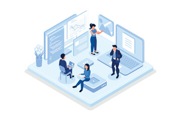 People Characters Developing new Software on Laptop. Developers Team Programming and Coding Program Code Together. Development Process Concept, isometric vector modern illustration