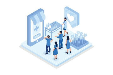 Doctor Pharmacist in Online Drugstore. Character Buying in Online Pharmacy Store. Man Standing near Cashier Desk and Talking with Pharmacy Staff, isometric vector modern illustration