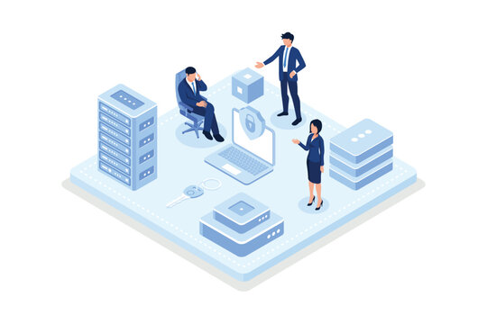 Laptop with Security Connection to Data Center and to External Hard Drive. Cyber Security Service for Personal Data Protection. Online Hosting Technology Concept, isometric vector modern illustration