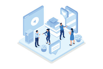 Student learning online at home. Character looking educational video on smartphone. Online education and e-learning concept, isometric vector modern illustration