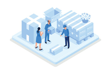 Ready for transportation carton boxes stack standing on floor. Different personal stuff packed in boxes. House moving and relocation services concept, isometric vector modern illustration
