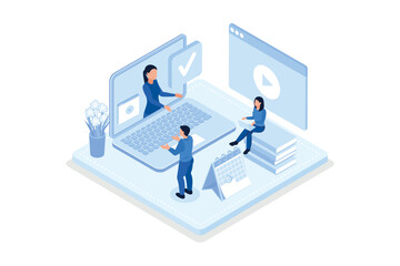 Obraz na płótnie Canvas Students learning online at home. People characters having video call with teacher on laptop and studying with smartphone. Online education concept, isometric vector modern illustration