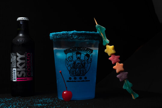 CDMX, Mexico City. Sep 14 2022
"Michelada Pitufo" is a Mexican cocktail that is made with vodka, curacao  lime/ lemon soda energy drink and blueberry flavored chilli 