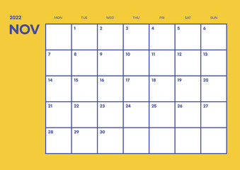 November 2022 simple design digital and printable calendar template illustration. Notes, scheduler, diary, calendar, memo, planner document template background. 