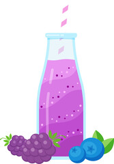 Healthy diet smoothie drink set vector illustration. Glass bottle with straw and layered fresh cocktail in color with raw fruit for cafe smoothie banner
