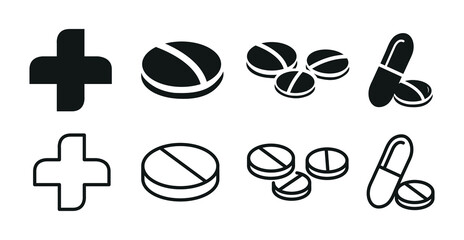 Medicine Icon Set In Flat Style. Health, Pharmacy Drugs, Healthcare, Prescription And Pill Symbols.