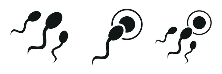 Human Sperm Icons Set In Flat Style Vector. Fertilization, Spermatozoon, Male Fertility Symbols