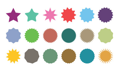 Set of Vector Colored Starburst Badges. Simple Flat Style Vintage Labels, Stickers.