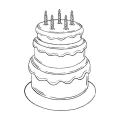 Birthday cake sketch. Hand drawn birthday cake with candles illustration vector