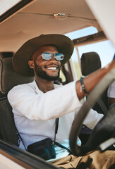 Travel, freedom and summer with black man driving in car on road trip vacation for adventure, happy...