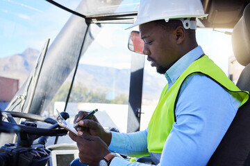 Logistics, forklift and checklist with black man driver working in shipping yard for supply chain,...