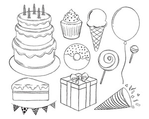 Birthday elements hand drawn doodle style sketch vector