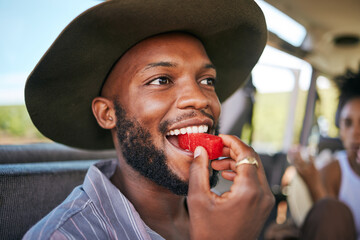 Black man, face or watermelon summer fruit on safari game drive, sustainability nature or environment landscape travel. Zoom, smile or happy tourist and diet health food in South Africa national park