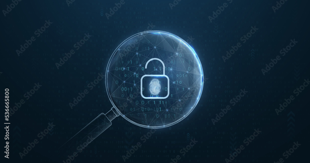 Fototapete A magnifying glass with opened padlock icon is made from lines, triangles, low polygons, and particle style. Vector illustration