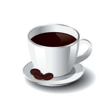 A cup of coffee with coffee bean realistic image vector. Illustration of coffee in porcelain cup realistic vector