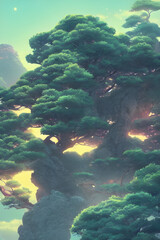 japanese tree on a rocky landscape - synthwave style - digital art - concept art - digital painting - fantasy