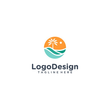 illustration of beach sunset logo design vector