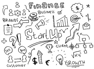 doodle art business start up hand drawn vector simple. with flowchart, statistic, percentage and element component business