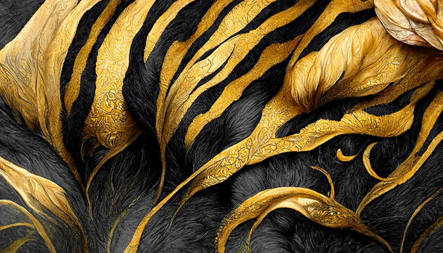 Spectacular design for an abstract idea, with black and gold liquid ink churning together to create what look like fur, pelts, and feathers. Excellent quality. Digital art 3D illustration.