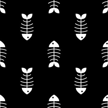 Fish bone, monochrome, white, random, on black background. Vector seamless pattern.