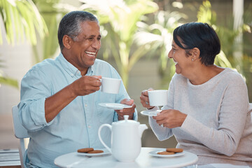 Fototapeta na wymiar Happy senior couple, laughing and drinking coffee in cheerful fun together at outdoor cafe or restaurant. Elderly man and woman in laugh, tea and conversation bonding in happiness for relationship
