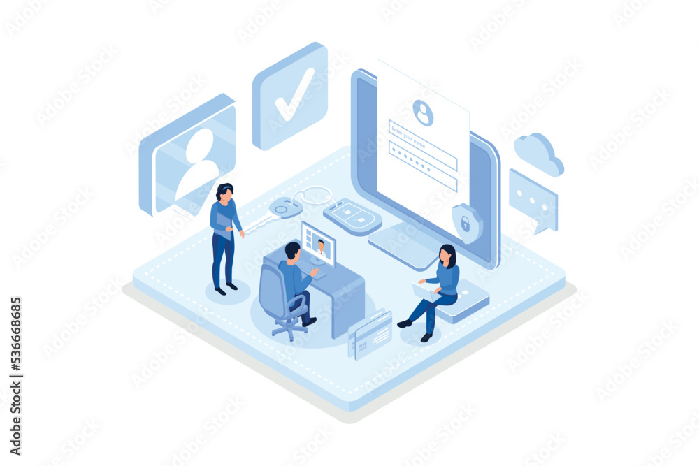 Poster character hand holding smartphone with sms authentication key and typing password on laptop with onl