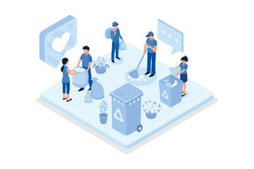 Obraz na płótnie Canvas People characters collecting trash into recycling garbage bin. Woman and man taking out the garbage. Waste pollution problem concept, isometric vector modern illustration